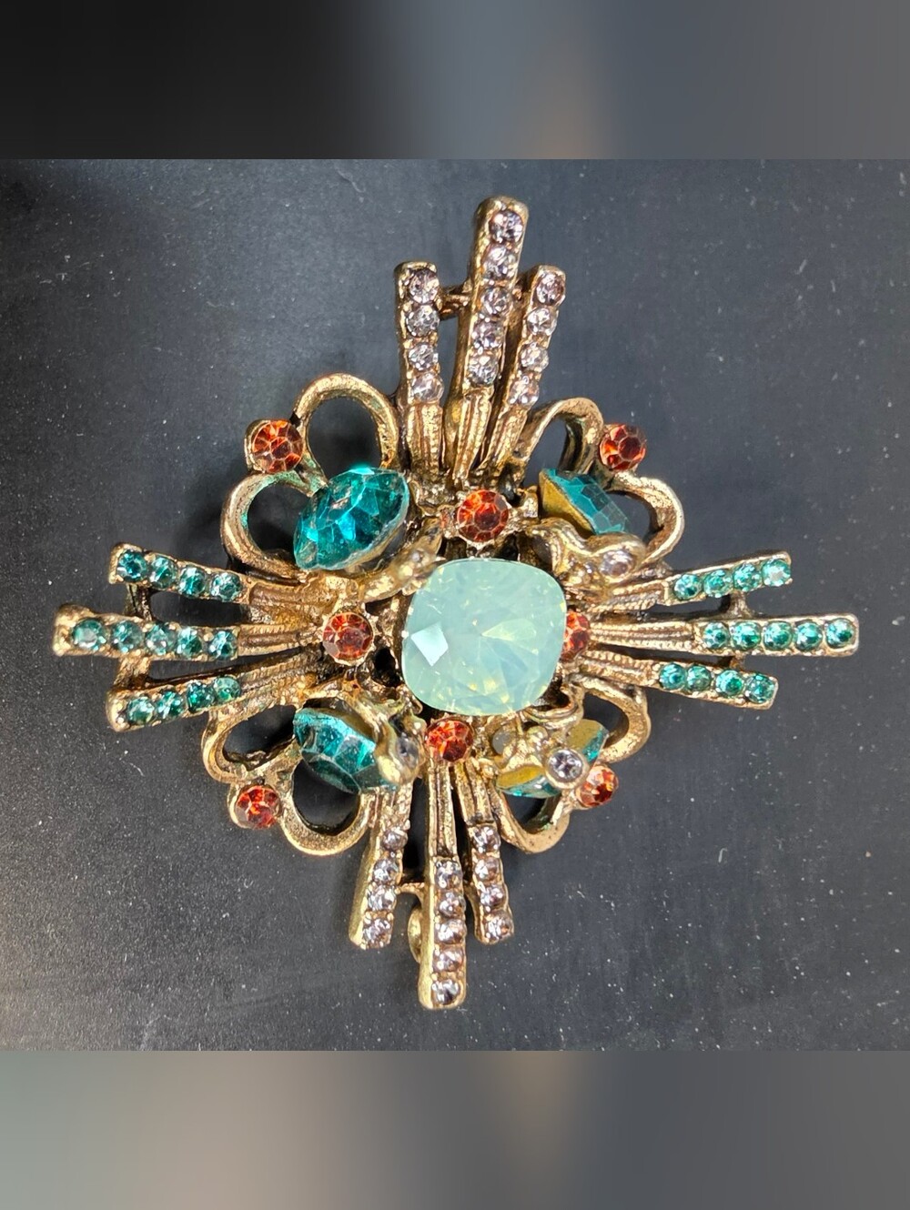Gold-Tone Floral Crystal Brooch with Aquamarine and Teal Stones